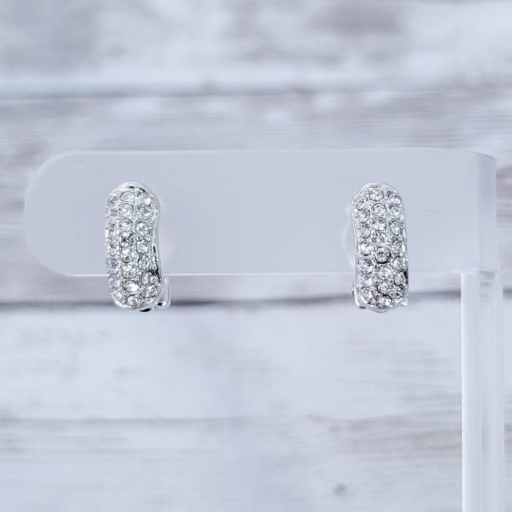 Vintage Clip On Earrings Silver Tone & Clear Gem Half Hoops 5/8"